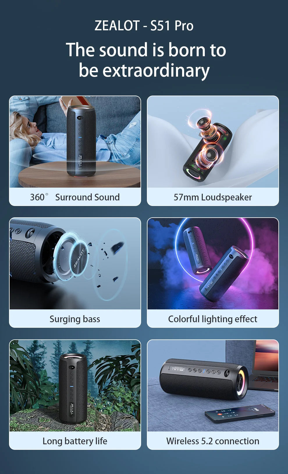 ZEALOT S51 Pro 40W Wireless Speakers, Outdoor Portable Subwoofer Speaker, Waterproof IPX 6, Dual Pairing,5200mAh Battery.