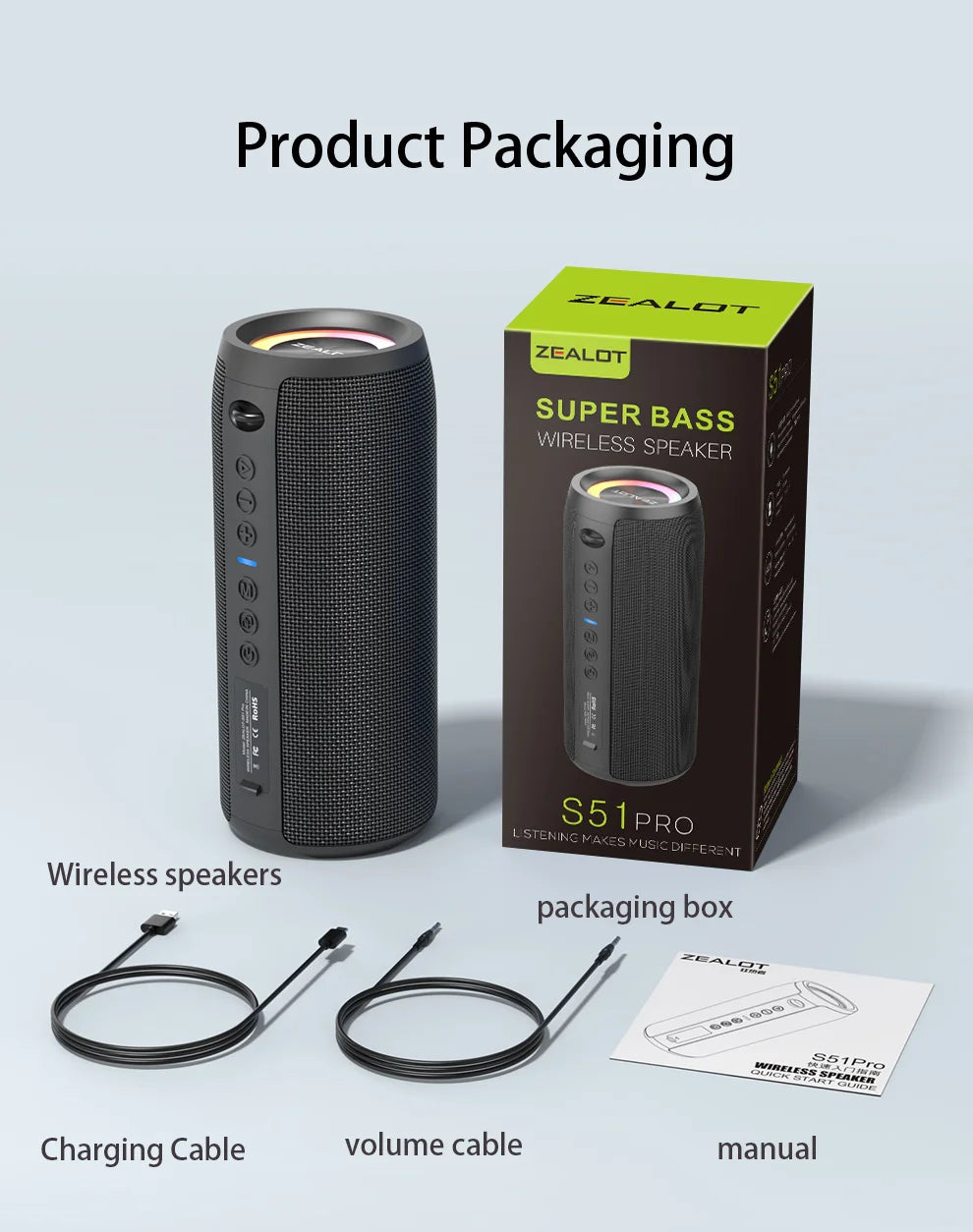 ZEALOT S51 Pro 40W Wireless Speakers, Outdoor Portable Subwoofer Speaker, Waterproof IPX 6, Dual Pairing,5200mAh Battery.