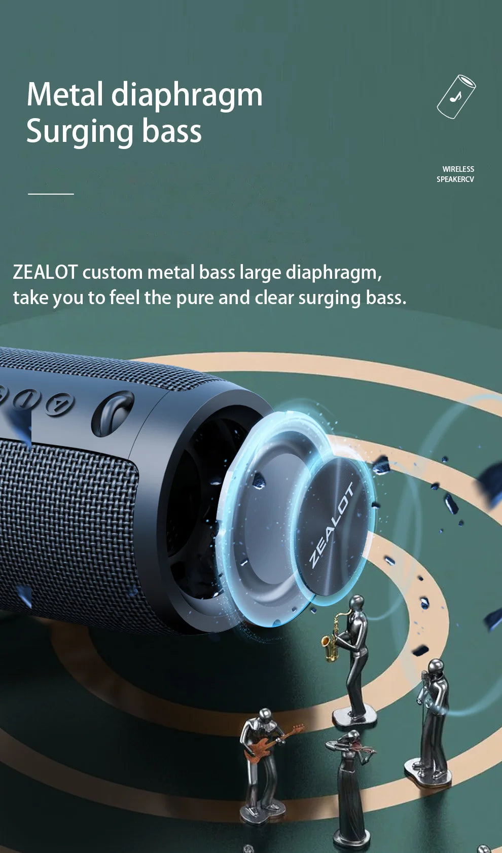 ZEALOT S51 Pro 40W Wireless Speakers, Outdoor Portable Subwoofer Speaker, Waterproof IPX 6, Dual Pairing,5200mAh Battery.
