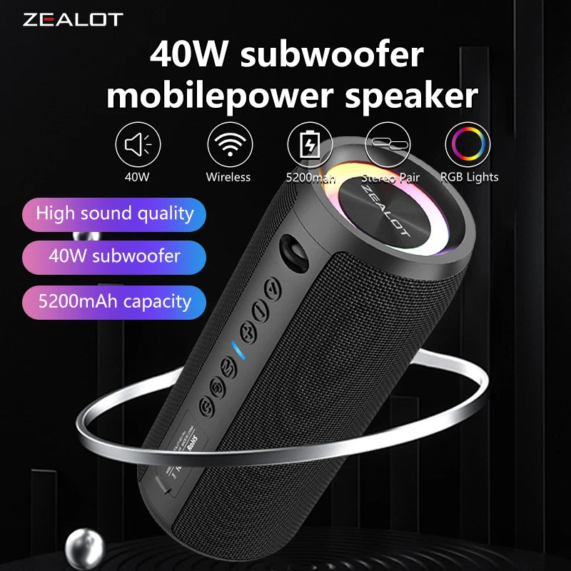 ZEALOT S51 Pro 40W Wireless Speakers, Outdoor Portable Subwoofer Speaker, Waterproof IPX 6, Dual Pairing,5200mAh Battery.
