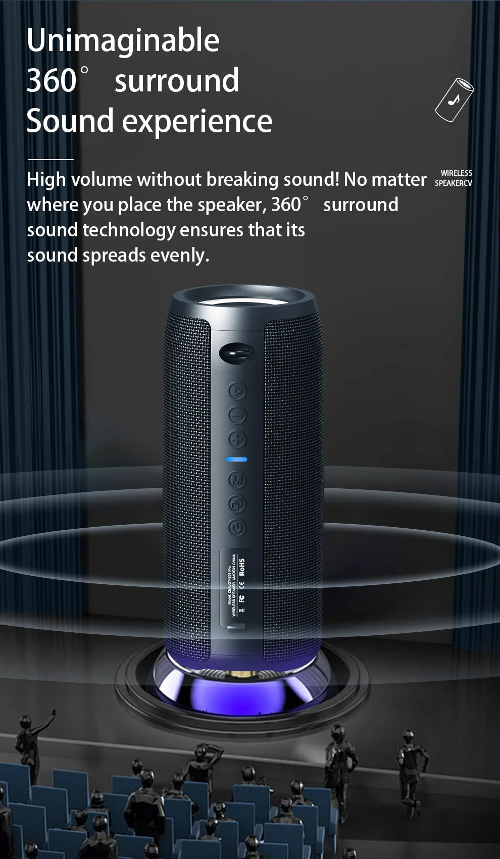 ZEALOT S51 Pro 40W Wireless Speakers, Outdoor Portable Subwoofer Speaker, Waterproof IPX 6, Dual Pairing,5200mAh Battery.